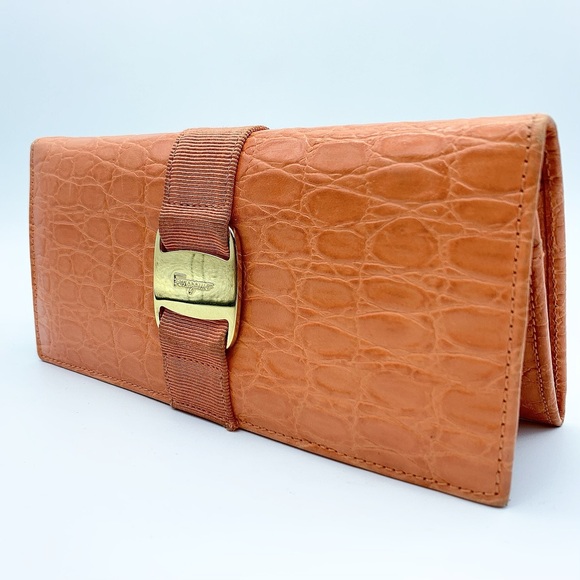 Salvatore Ferragamo Calf Croc Leather Bi-Fold Long Wallet in Orange - Picture 3 of 12
